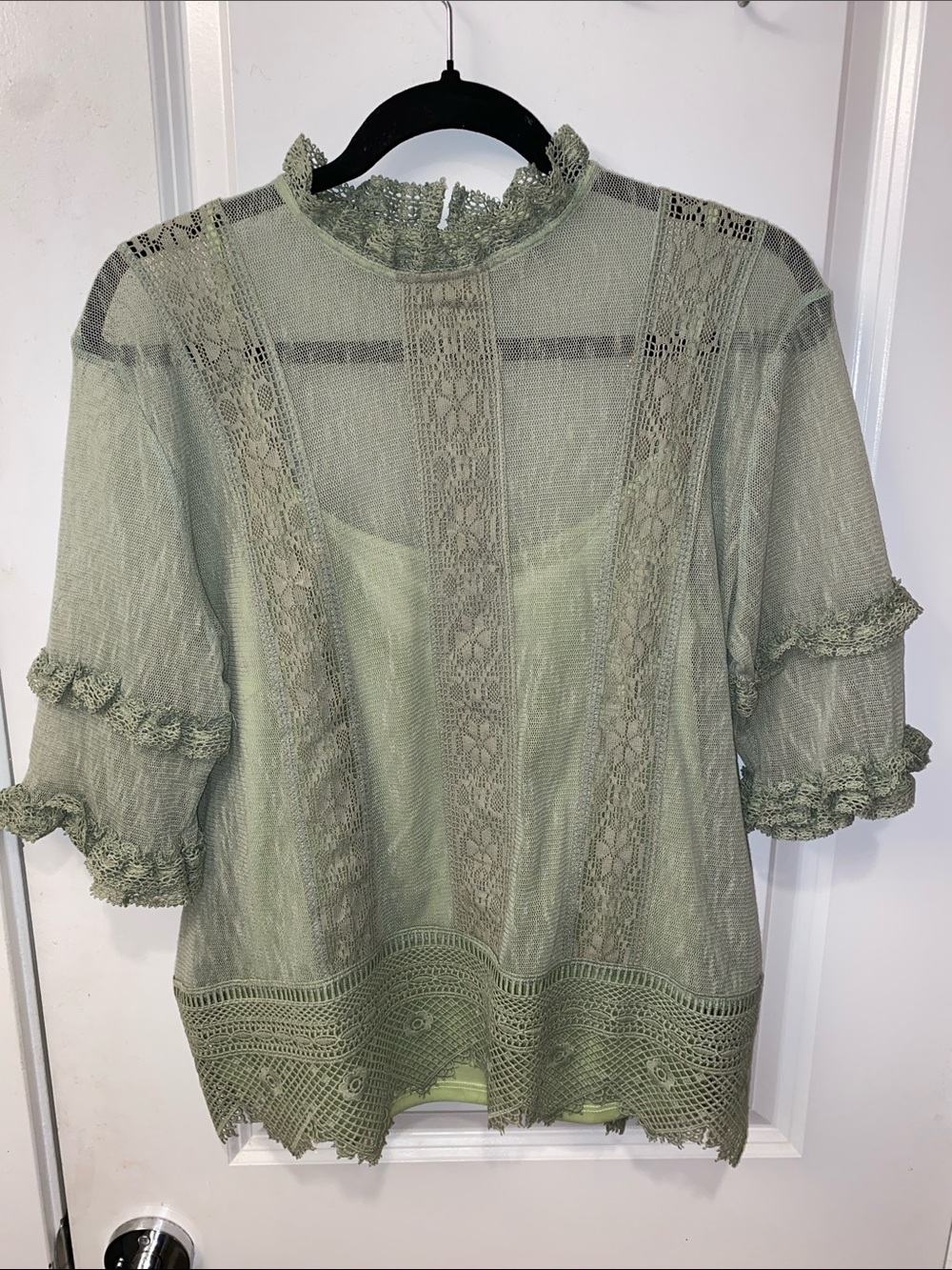 Blue Tassel - Anthropologie Lace Overlay Blouse with Inner Camisole — Sage Green